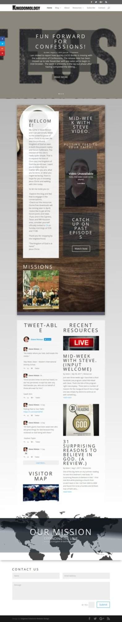 Kingdomology blog layout featuring confessions, midweek video, missions, tweetable content, and a visitor map.