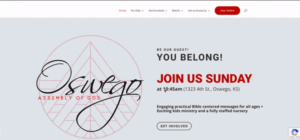 Oswego Assembly of God website design featuring church logo and service times.